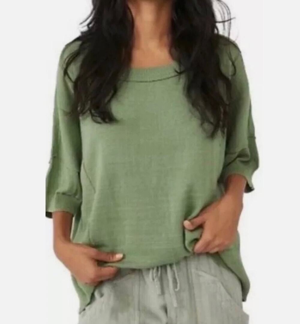 Free People Women's Work From Home Green Knitted Cotton Blend Sweater